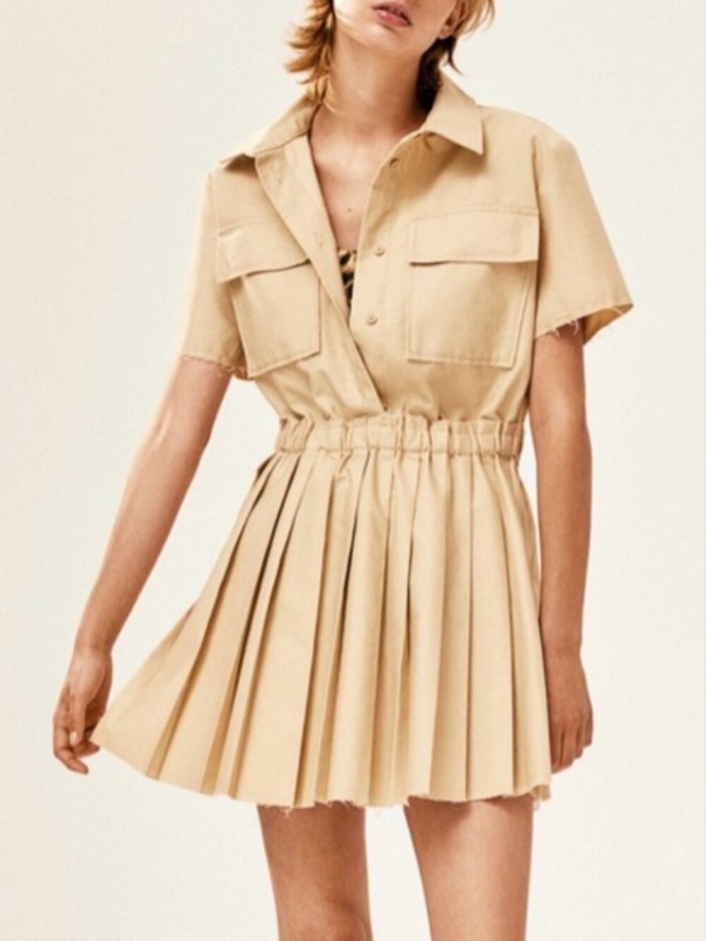 NEW H&M Divided Khaki Utility Dress with Pleated Skirt Size XS